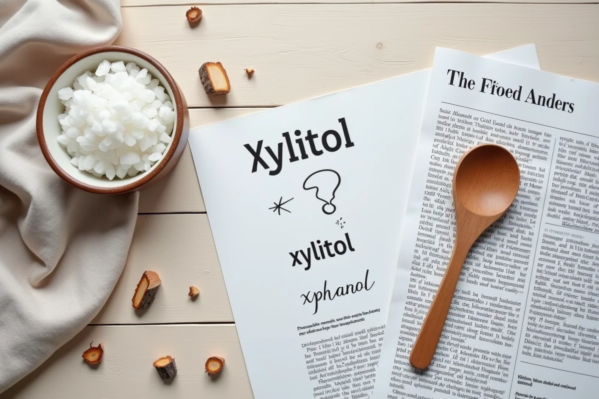Vue aérienne d'une composition éditoriale sur le xylitol avec documents scientifiques et notes manuscrites comparant xylitol et xyphanol
