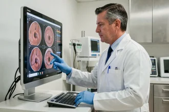Gastroentérologue analysant des images d'endoscopie gastrique sur un écran médical en milieu hospitalier
