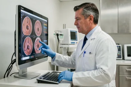 Gastroentérologue analysant des images d'endoscopie gastrique sur un écran médical en milieu hospitalier