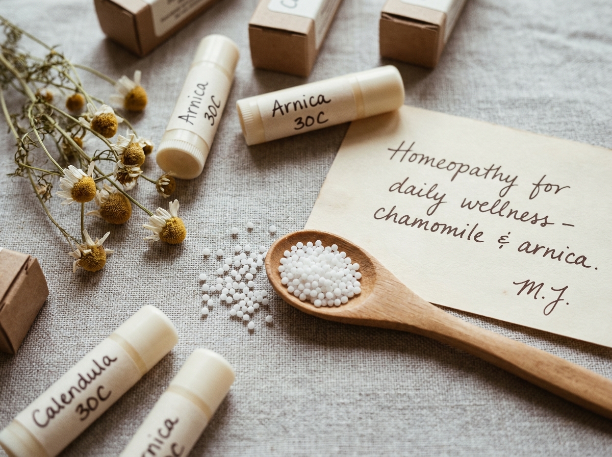 Vue de dessus de tubes et boîtes de granules homéopathiques posés sur un tissu de lin avec des fleurs de camomille