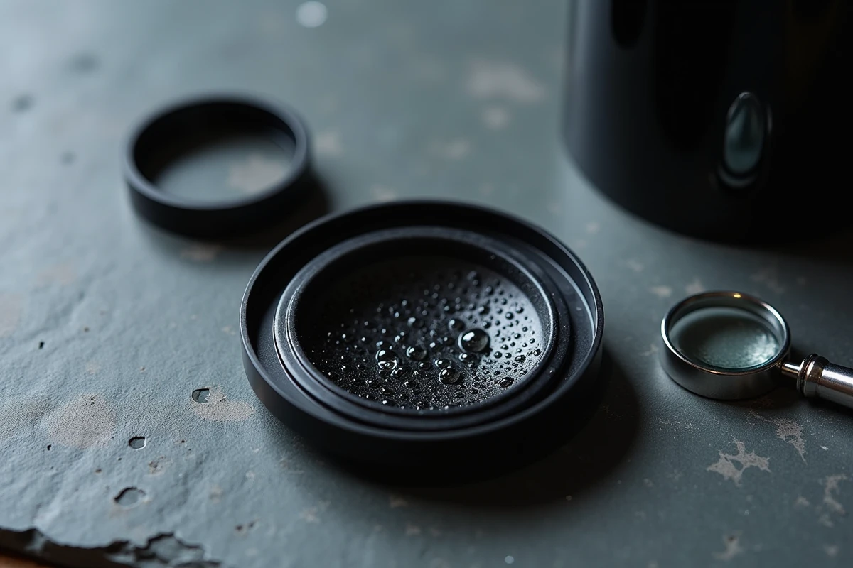Gros plan sur un élément filtrant Berkey démonté avec loupe et carte d'authenticité pour vérification technique avant achat