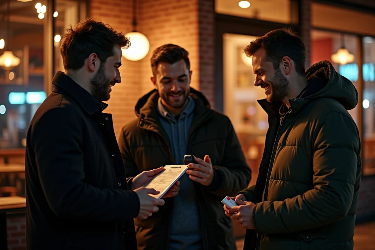Groupe d'amis vérifiant un éthylotest jetable devant un restaurant avant de reprendre la route