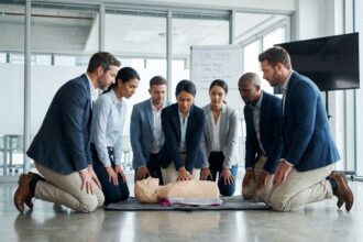 Groupe d'employes en formation CPR dans un bureau moderne