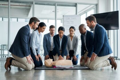 Groupe d'employes en formation CPR dans un bureau moderne