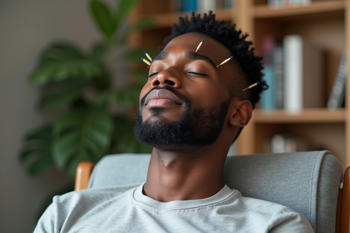 Jeune homme noir en séance d acupuncture à la maison