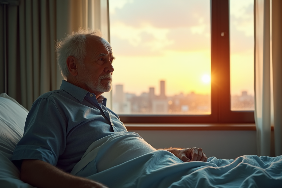 Homme âgé assis sur un lit d'hôpital près d'une fenêtre ensoleillée