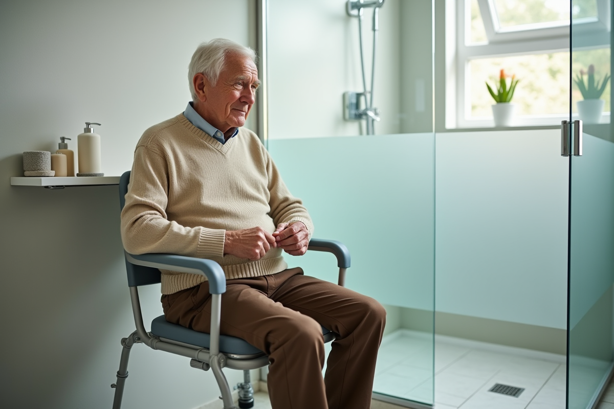 Homme âgé ajustant le contrôle de la douche dans la salle