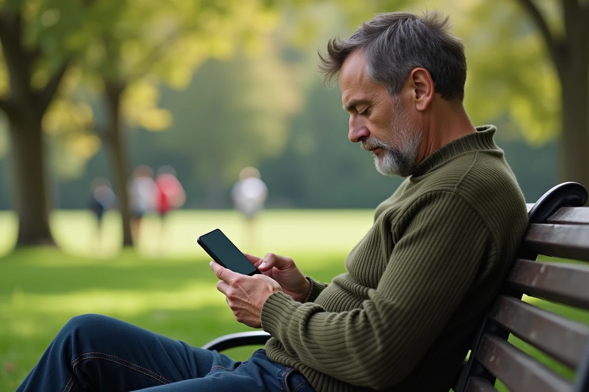Homme utilisant son smartphone dans un parc en plein air