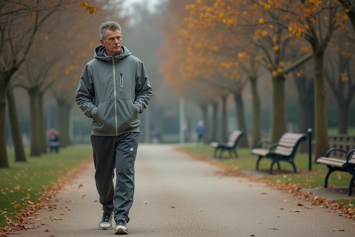 Homme marchant dans un parc en automne en pleine réflexion