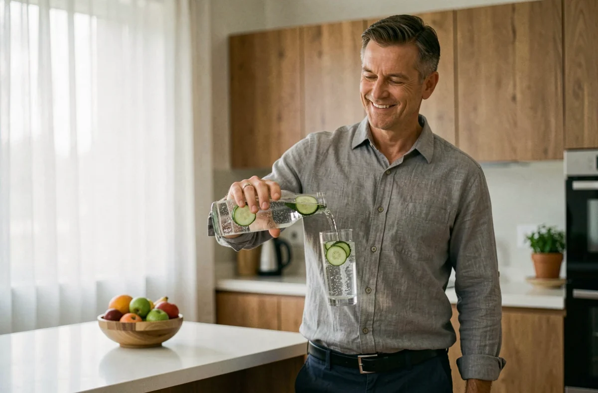 Homme en bonne santé préparant une boisson sans alcool dans une cuisine moderne après avoir arrêté l'alcool pendant un mois