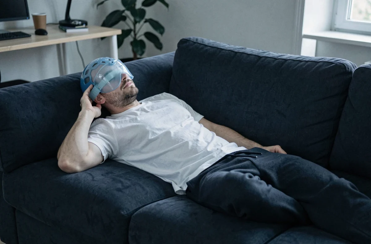 Homme allongé sur un canapé avec un bonnet gel anti-migraine couvrant les yeux, se reposant dans un bureau à domicile