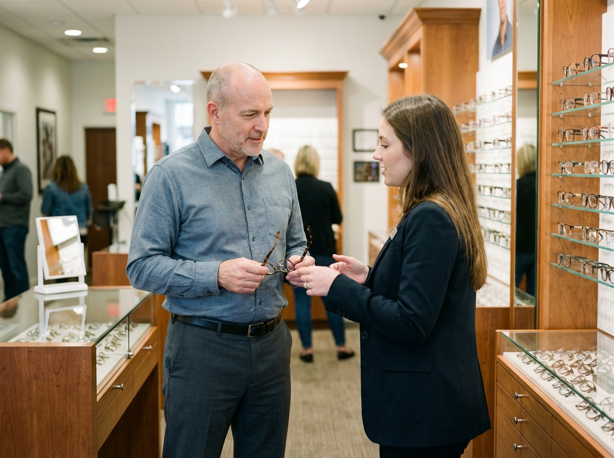Homme en boutique optique discutant avec un vendeur