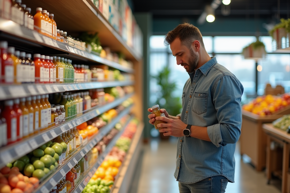 Homme choisissant des boissons detox en magasin bio