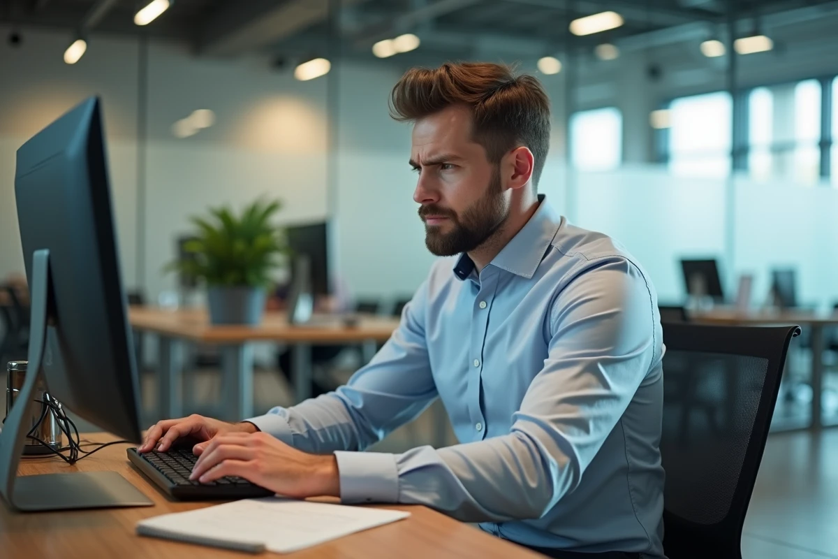 Homme au bureau semblant fatigué après une IRM, illustrant les questions sur la reprise du travail après l'examen