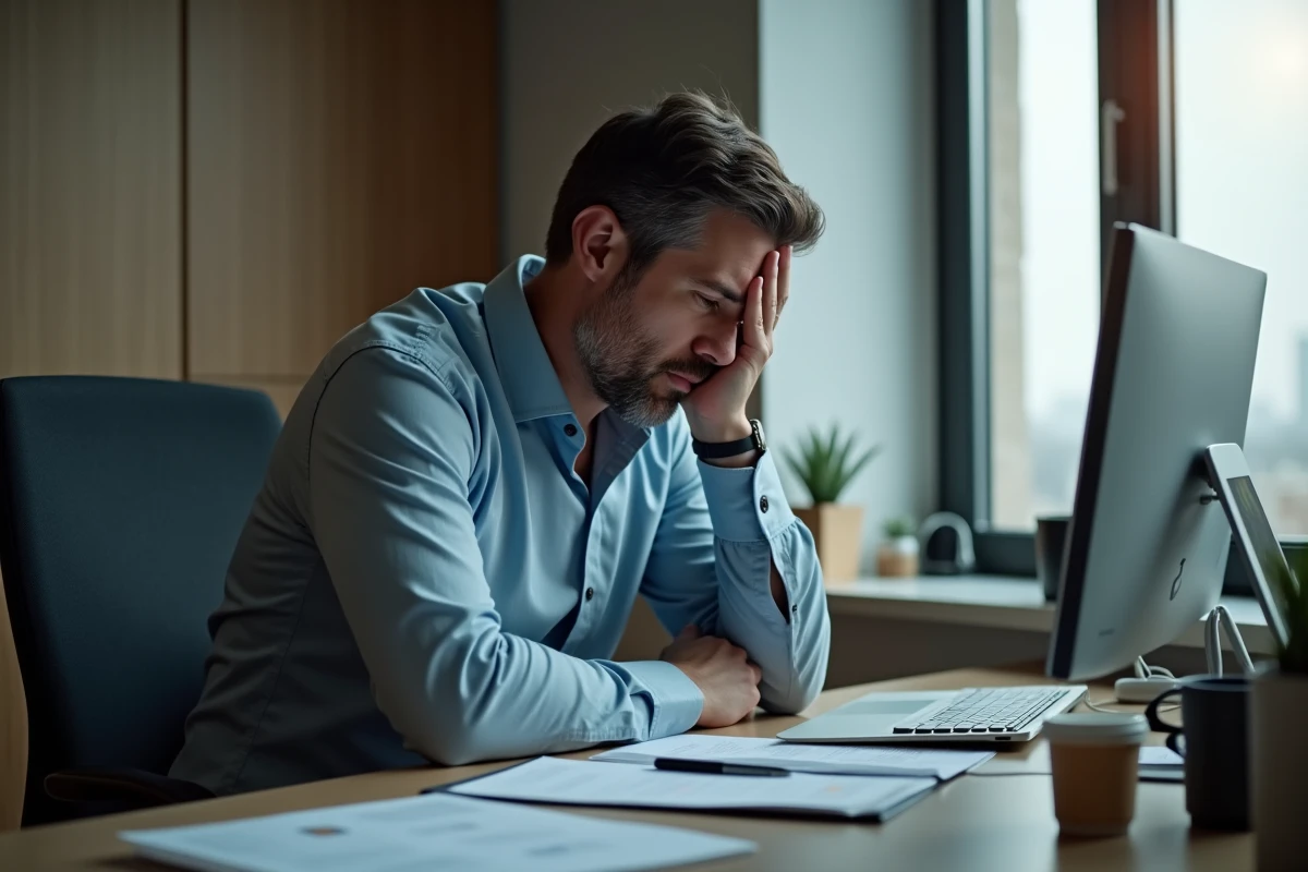 Homme d affaires au bureau avec expression préoccupée