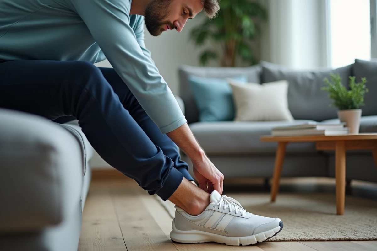 Homme assis sur un canapé retirant sa chaussure d'une cheville gauche gonflée dans un salon moderne