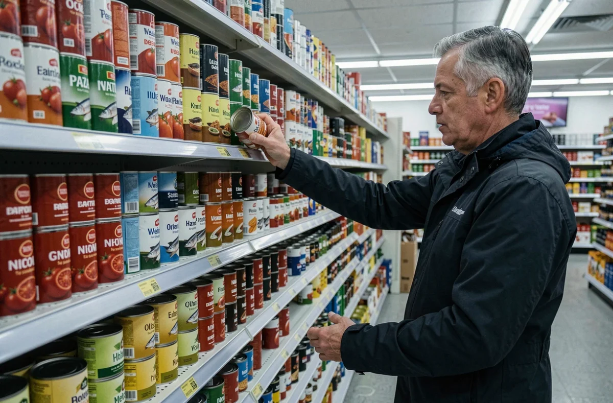 Homme d'une quarantaine d'années choisissant une boîte de sardines dans le rayon conserves d'un supermarché
