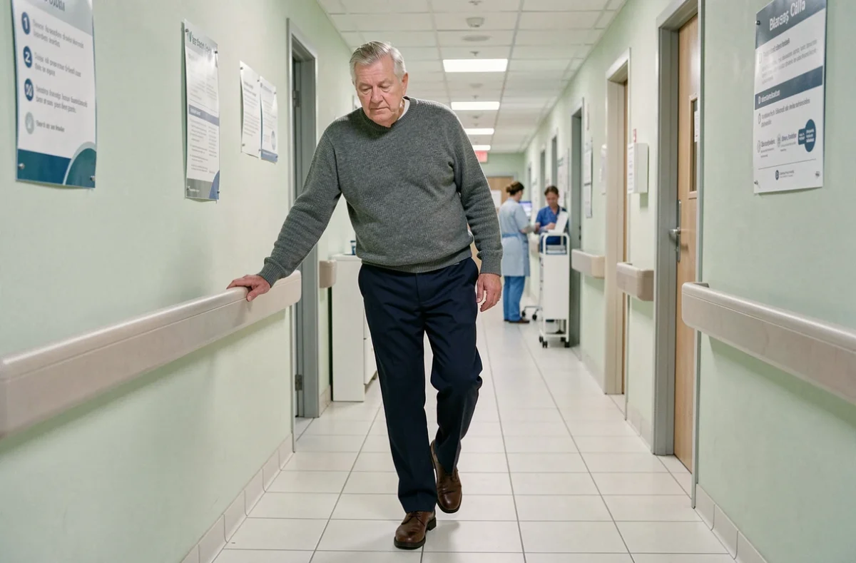 Homme âgé marchant avec difficulté dans un couloir d'hôpital après une infiltration de la hanche