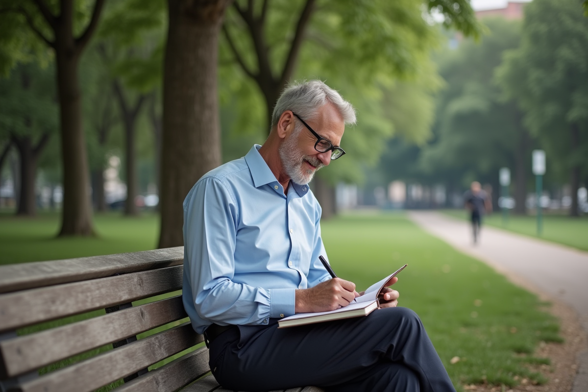 Homme écrivant dans un journal sur un banc de parc