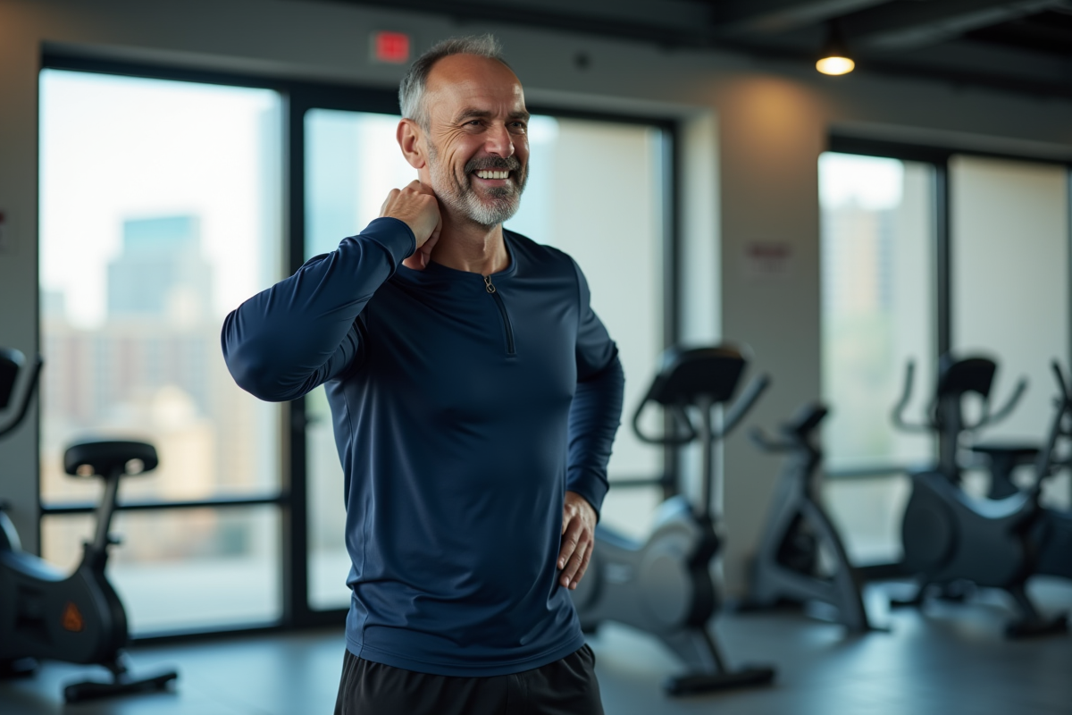 Homme se tenant le cou dans une salle de sport lumineuse