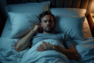 Homme endormi dans son lit la nuit avec la main droite en mauvaise position sous l'oreiller causant des fourmillements