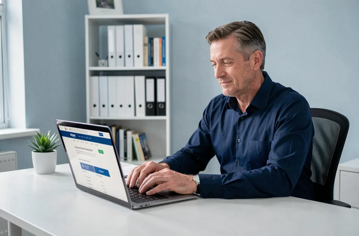 Homme gérant sa mutuelle santé en ligne sur un ordinateur portable dans un bureau à domicile