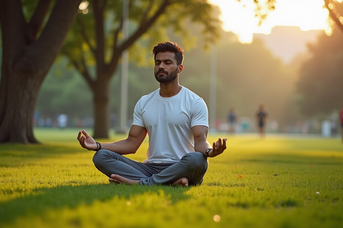 Homme indien faisant du yoga dans un parc au matin