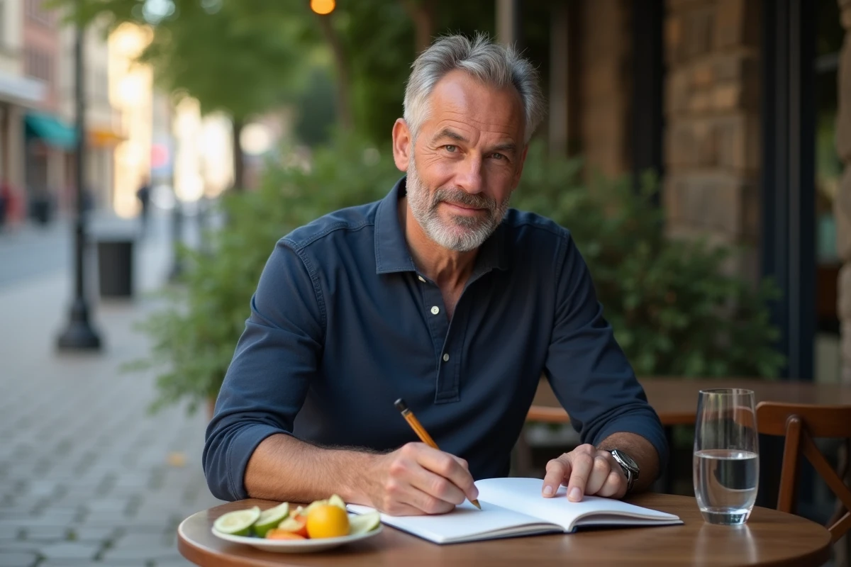 Homme tenant un journal alimentaire en terrasse de café dans le cadre d'une stratégie de perte de poids durable sans effet yo-yo