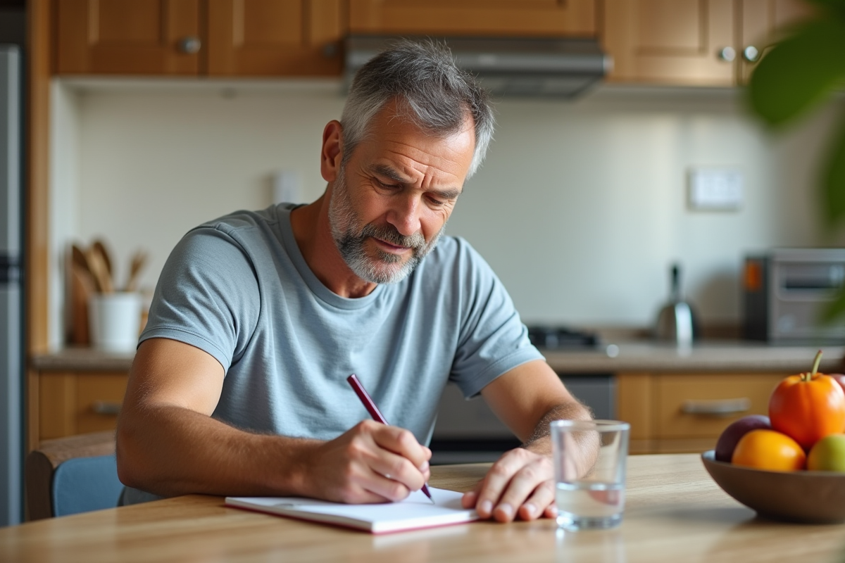 Homme écrit dans un journal de bien-être à la cuisine