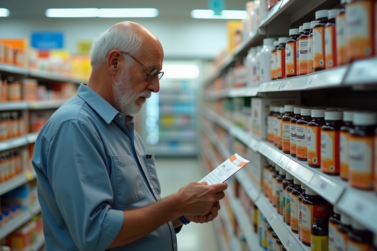 Homme âgé lisant les étiquettes de compléments vitaminiques