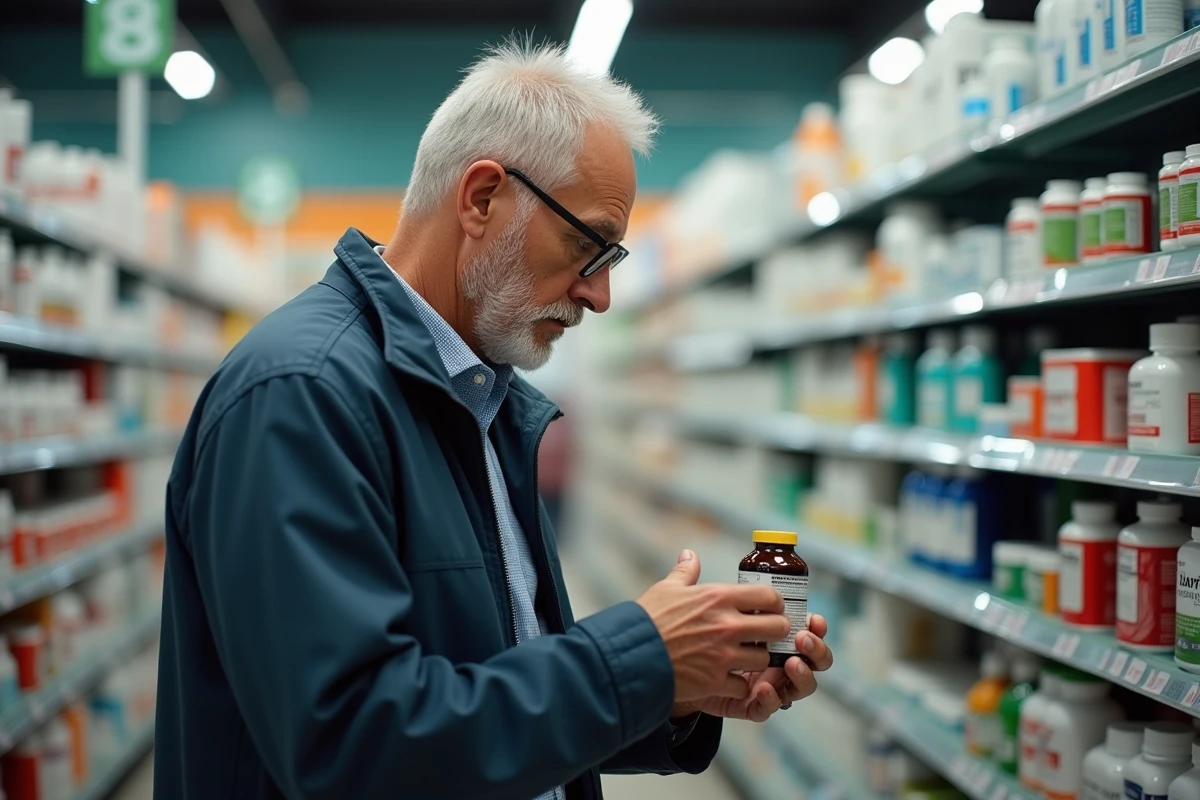 Homme lisant une étiquette en pharmacie