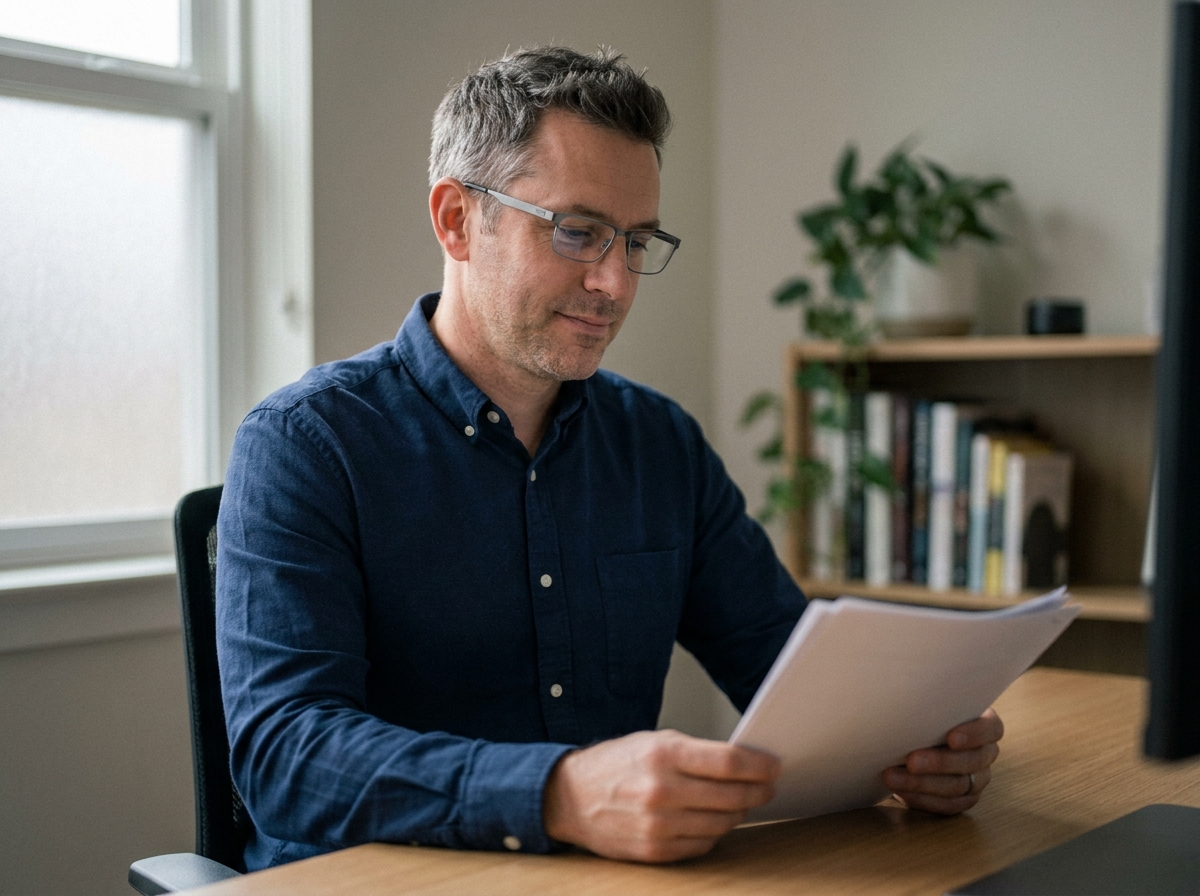 Homme portant des lunettes en titane rectangulaires travaillant à son bureau dans un bureau à domicile minimaliste avec bibliothèque en arrière-plan