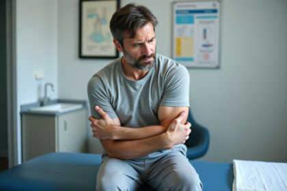 Homme d'âge moyen se frottant le bras dans un cabinet médical