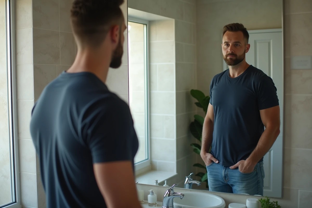 Homme regardant son reflet dans la salle de bain