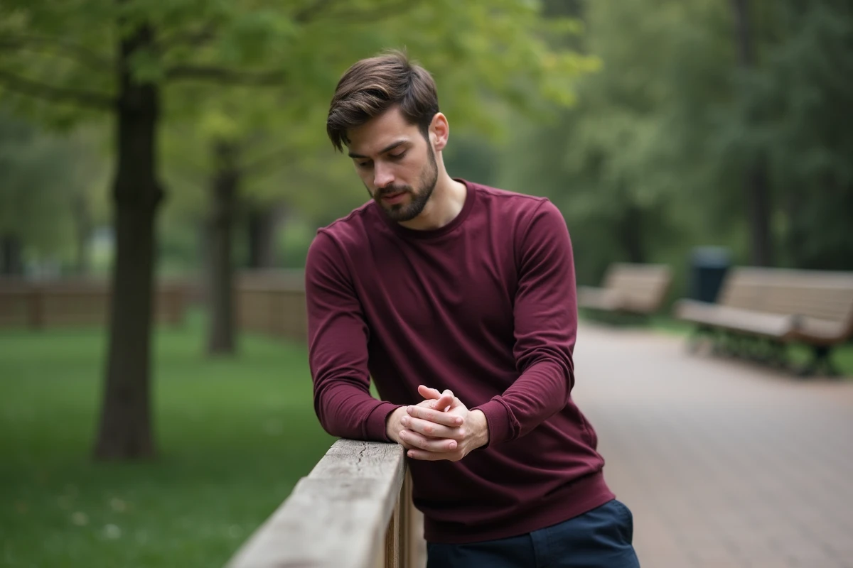 Homme pensif dans un parc verdoyant et paisible