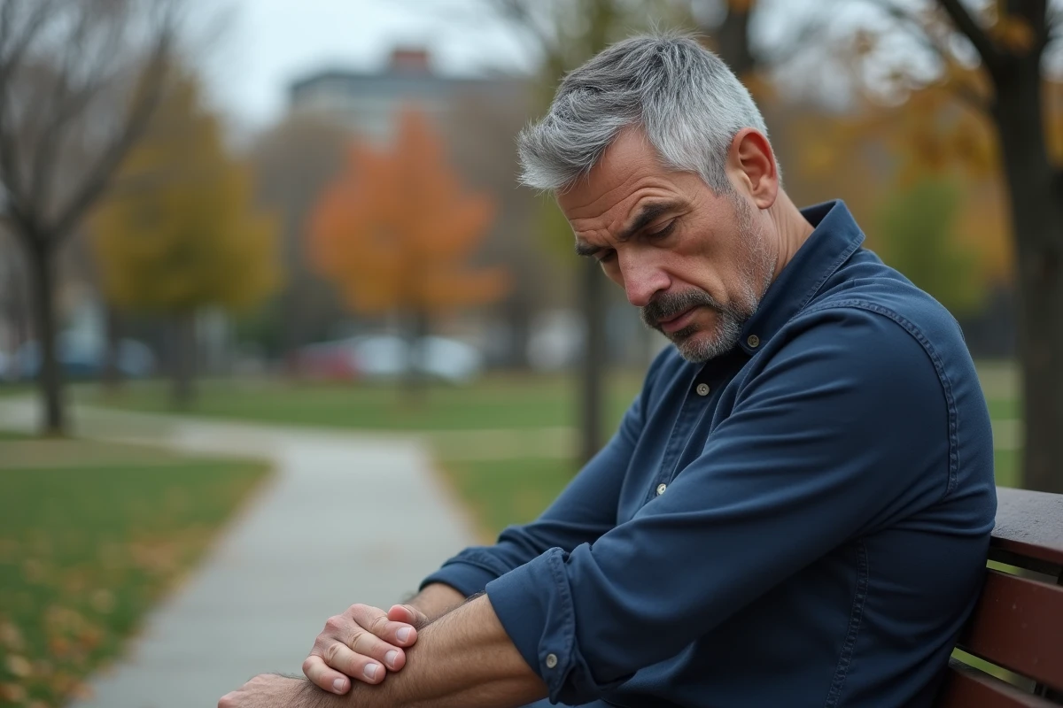 Homme d'âge mûr assis dans un parc se frottant le bras gauche avec une expression préoccupée, symbolisant l'angoisse et les fourmillements