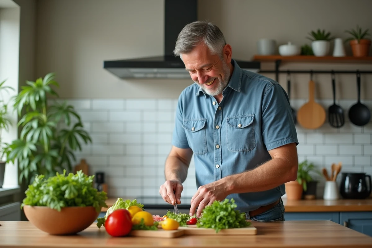 Homme préparant une salade dans une cuisine moderne