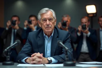 Homme politique professionnel en costume sombre lors d'une conférence de presse, expression sérieuse et posée