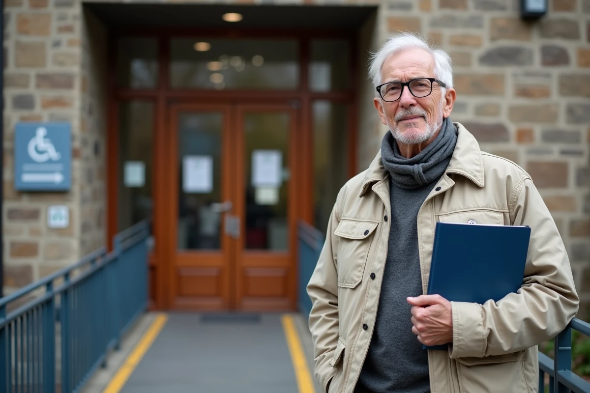 Homme âgé avec dossier devant une rampe d