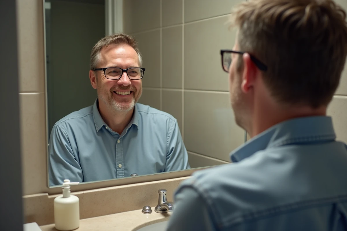 Homme regardant son reflet dans un miroir de salle de bain