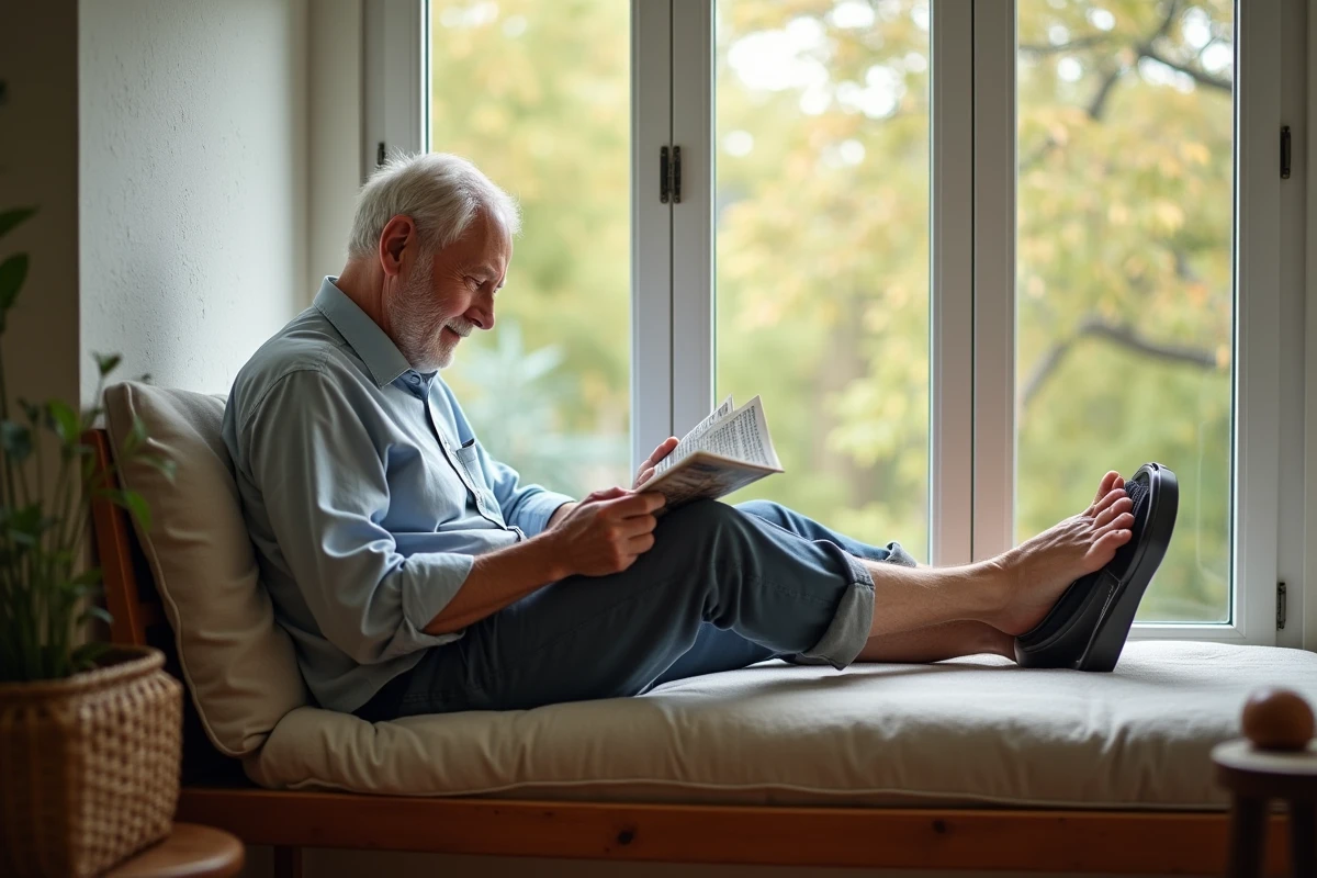 Homme lisant un magazine en utilisant un masseur de pied