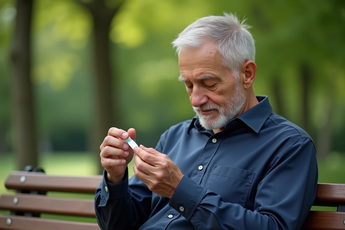 Homme applique un pansement sur son doigt en plein air