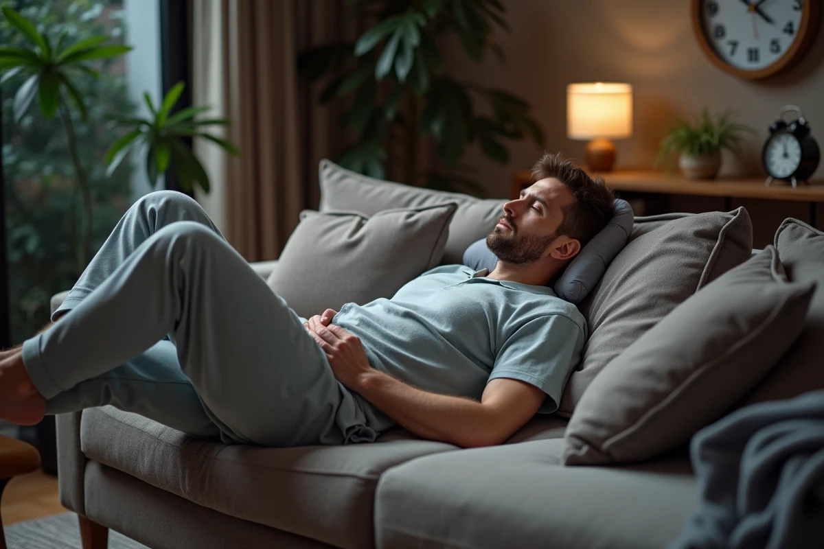 Homme en pyjama dans un salon paisible la nuit
