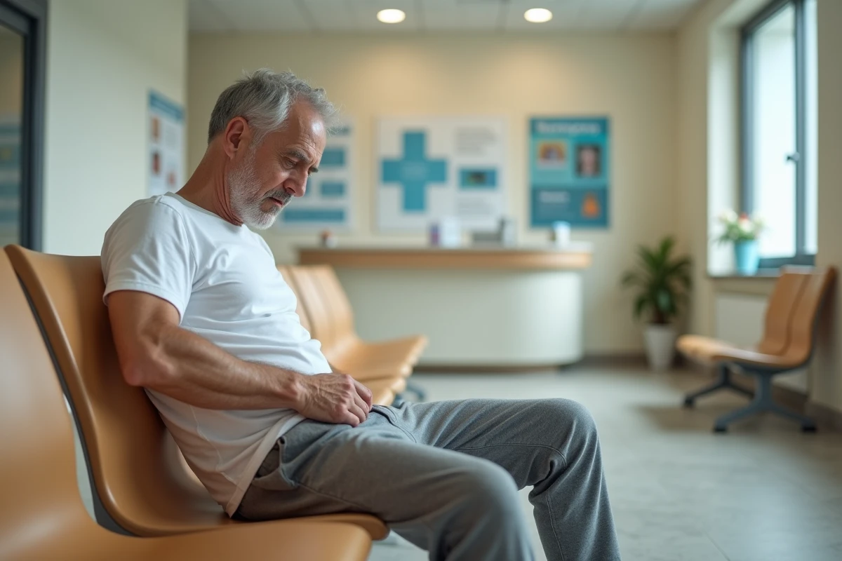 Homme en salle d'attente hospitalière observant une contraction musculaire spontanée sur sa cuisse avant de passer des examens médicaux