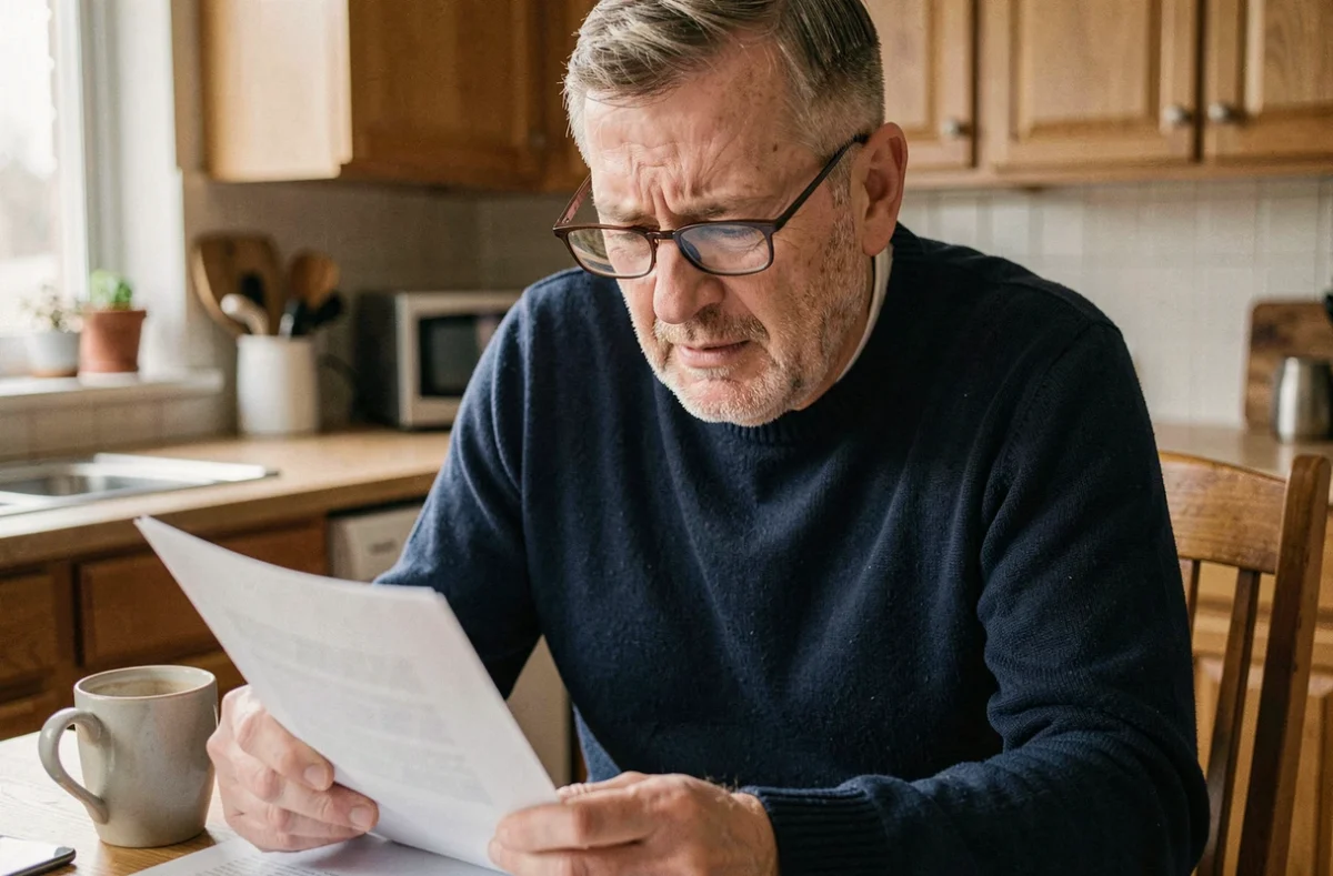 Homme senior portant des lunettes progressives et lisant un document à la maison