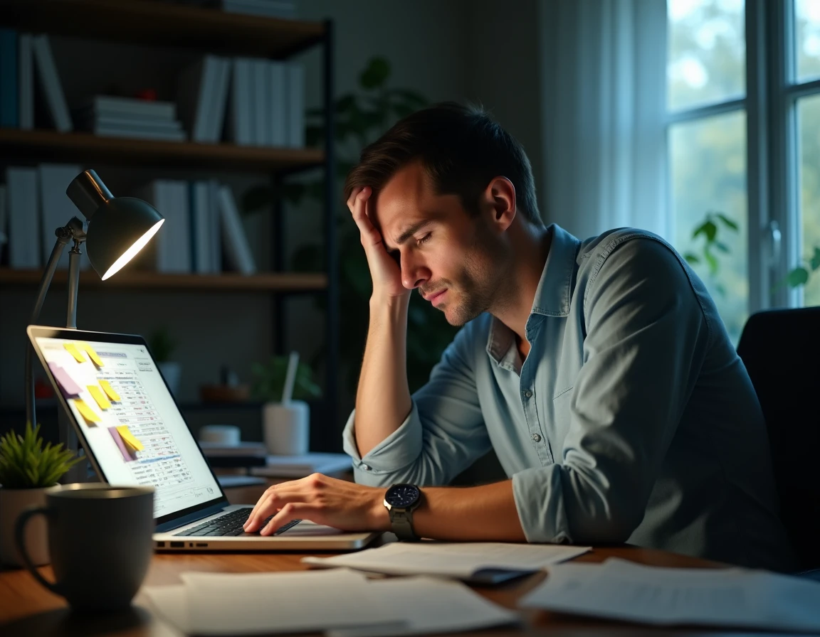 Homme épuisé par le stress chronique à son bureau illustrant les effets du stress sur le cerveau