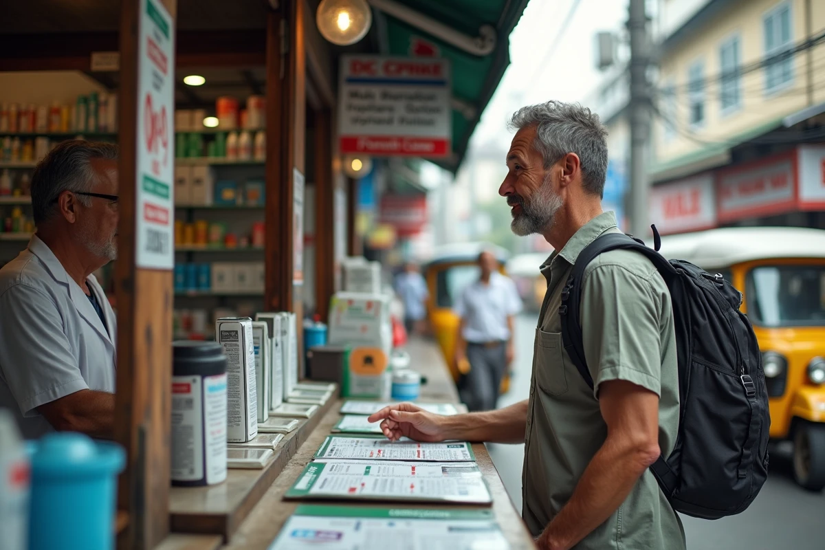 Homme voyageur dans une pharmacie de Bangkok