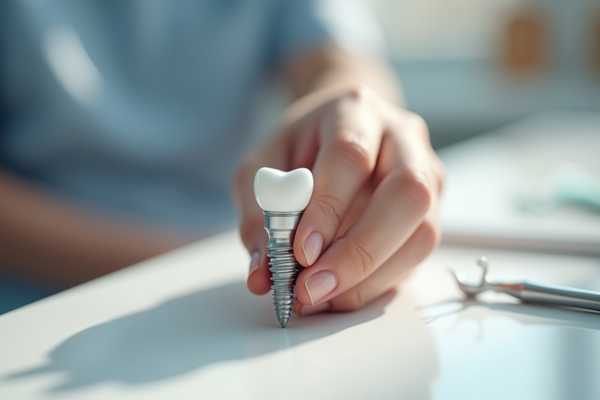 Gros plan sur un implant dentaire en métal et céramique