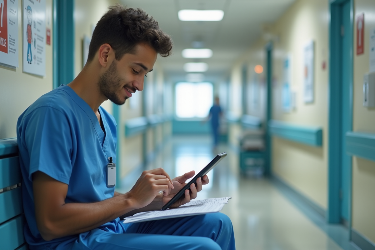 Jeune infirmier en blouse bleue utilisant une tablette dans un couloir d