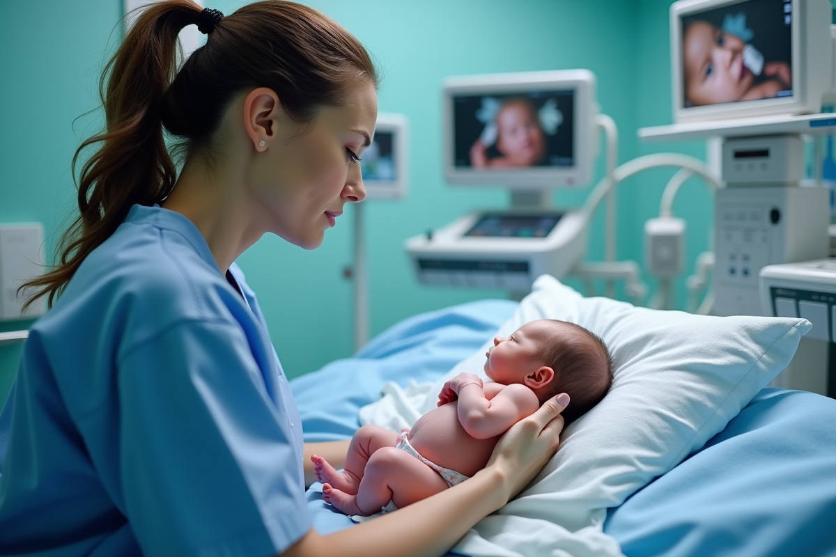 Infirmière soignant un bébé prématuré en néonatologie